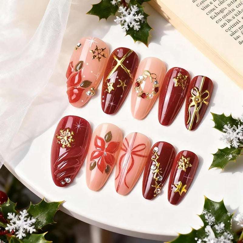SEENEEY Christmas Press on Nails Almond Medium Long Fake Nails Red Artificial Nail 3D Flowers with Gold Charm Designs Sparkly Stick on Nail for Women 24pcs - Image 2